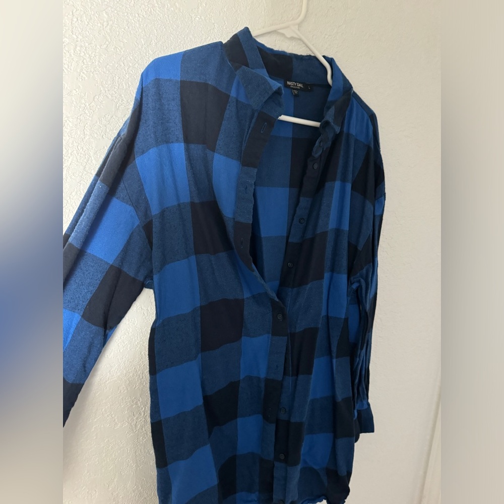 Nasty Gal black and blue plaid long flannel size L